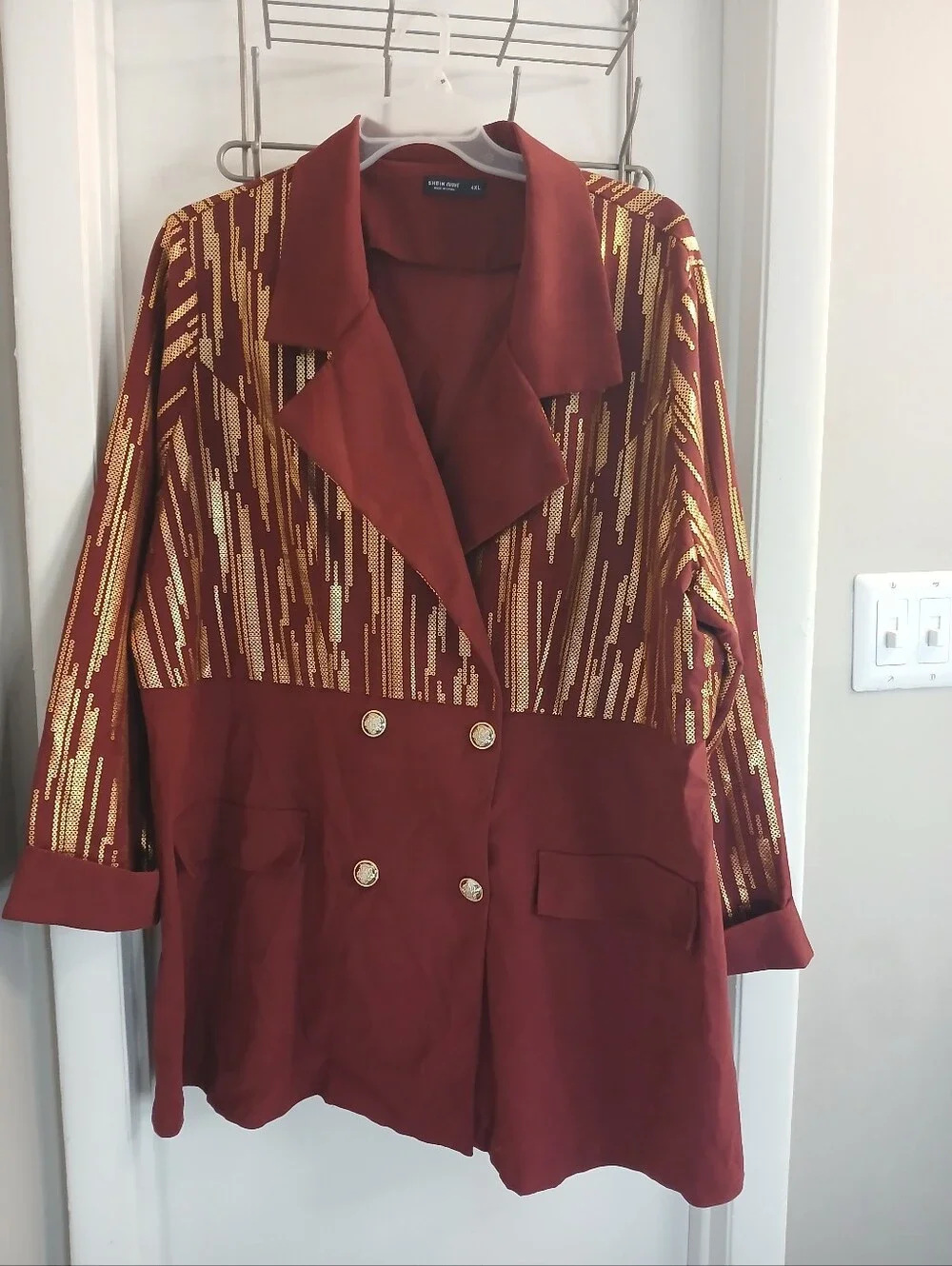Burgundy & Gold Metallic Suede Feel Double Breasted Blazer Jacket 4X NWOT